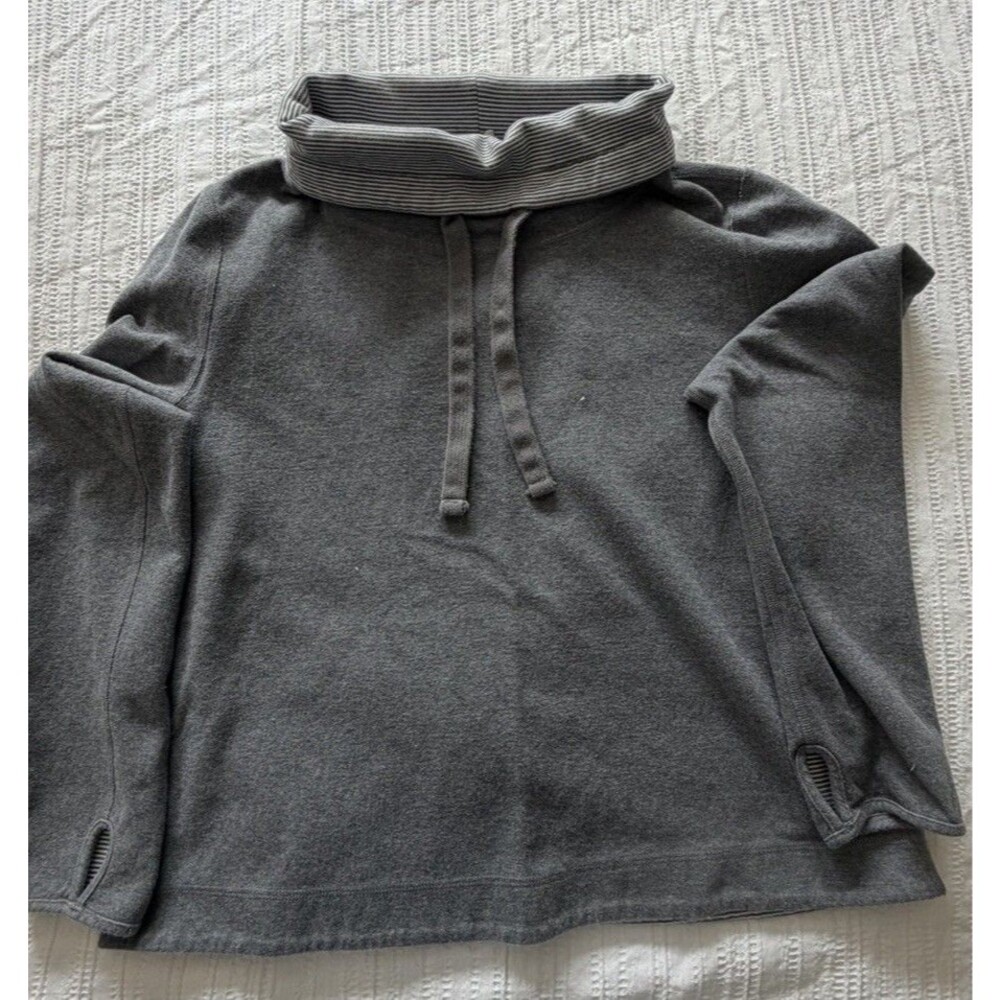 J.Crew Womens L Reversible Pullover Sweatshirt Gray Stripe Cowl Neck Thumbholes